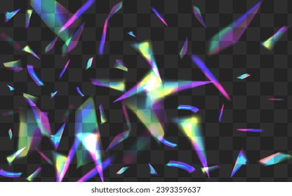 Shiny Reflection Vector Transparent Background. Hologram Confetti Isolated Branch. Bright Glare Metal Illustration. Gradient Paper Bokeh Border.