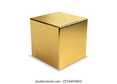 A shiny, reflective golden cube with smooth surfaces, isolated on a clean white background