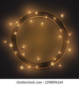 Shiny retro neon signboard round frame, led shiny lights garland, vector illustration