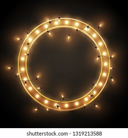 Shiny retro neon signboard round frame, led shiny lights garland, vector illustration