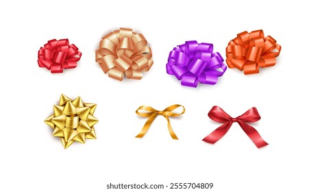 Shiny ribbons and bows adding touch of elegance to gifts realistic color icons set. Happy holiday spirit with vibrant decor 3d objects bundle on white