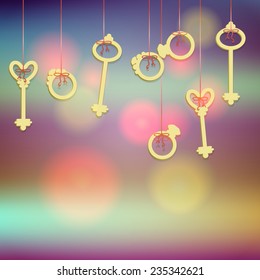 shiny romantic background with vintage keys and wedding rings