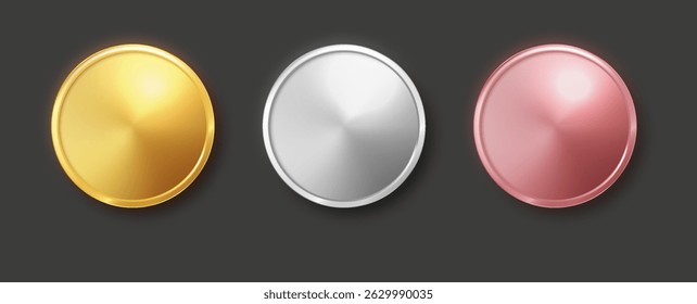 Shiny round award medals in gold, silver, and bronze. Realistic metal badge templates for sports or competition prizes. Vector set.