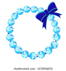 Shiny round blue gemstone crystal bracelet with blue bow isolated on a white background. Vector cartoon close-up illustration