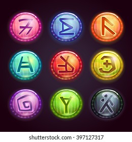 Shiny round colorful buttons with fantastic symbols on dark background. Vector elements for game design.