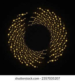 Shiny round frame with sparkle particles. Magic swirl light effect. Christmas light concept.