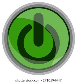 A shiny, round green power button icon with a glossy effect