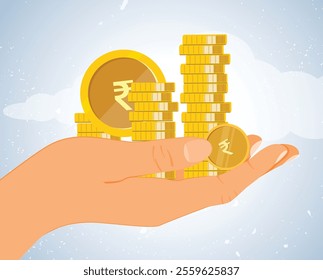 Shiny rupee coin falling into a hand, symbolising wealth, finance, and prosperity