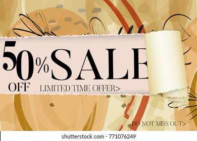 shiny sale advertisement banner on hand drawn background. Sale trendy poster. Rough colorful doodle fun special offer banner template.