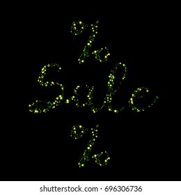 Shiny sale poster. Luxury starry night sale advertisement. Discount banner with gold glitter lettters  on a  black background.