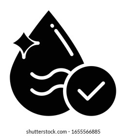 Shiny Sanitisation Sign Vektorillustration Glyph Icon Design, Sparkle Drop mit Check Sign Concept