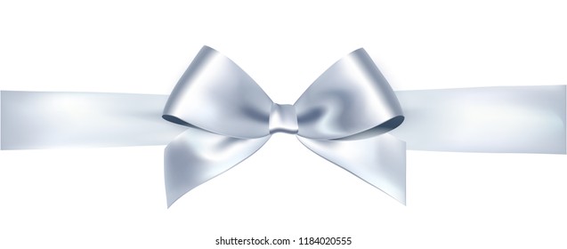 Shiny satin ribbon on white background. Vector silver bow and ribbon. Christmas gift, valentines day, birthday  wrapping element