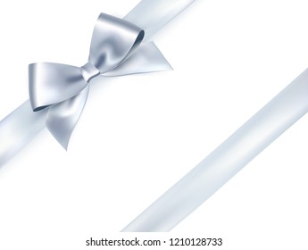 Shiny satin ribbon on white background. Vector silver bow and ribbon. Christmas gift, valentines day, birthday  wrapping element