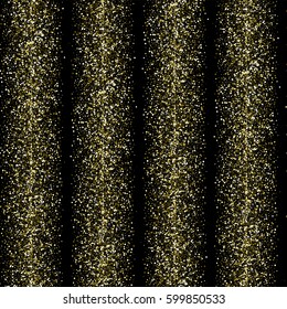 Shiny seamless pattern gold glitter vertical stripes on black background. Backdrop with glittering yellow metal sequins. Retro or vintage vector background for Christmas, wedding, birthday gift card.