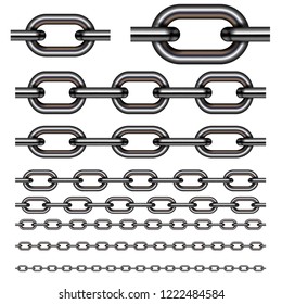 Shiny seamless steel chain isolated on white background. Vector set. 