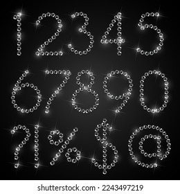 Caracteres secuenciados brillantes, colección de dígitos - iconos vectoriales establecidos. Símbolos del alfabeto que brillan