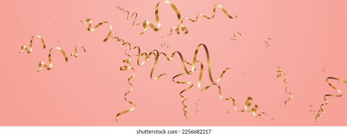 Shiny Serpentine Christmas Vector Panoramic Pink Background. Flying Confetti Branch. Star Paper Invitation. Golden Happy Design.