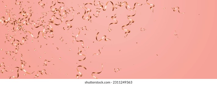 Shiny Serpentine Paper Vector Panoramic Pink Background. Abstract Spiral Design. Streamer Fun Illustration. Golden Celebrate Poster.
