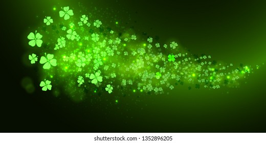 Shiny shamrock background with sparkle and bokeh. Vector