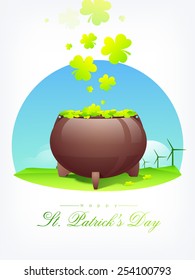 Shiny shamrock leaves falling into a glossy earthenware on nature background for Happy St. Patrick's Day celebration.
