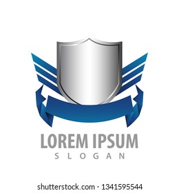 Shiny shield badge with blue ribbon and wings concept design. emblem symbol graphic template element 