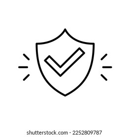 Shiny shield with check mark. Approved quality item. Pixel perfect, editable stroke line icon