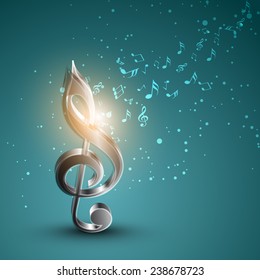 Shiny silver 3D g-clef with musical notes on sea green background.