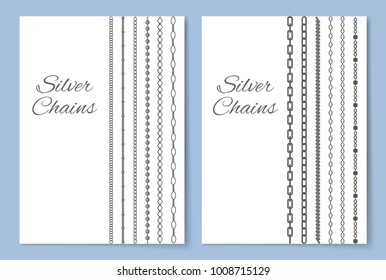 Shiny silver chains vertical advertisement banner. Accessory made of precious metal isolated cartoon flat vector illustrations with sign in italic.