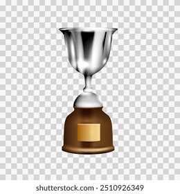 Shiny silver champion cup,sport award. Winner prize isolated on transparent background. Vector realistic 3d illustration. Champion trophy