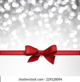 Shiny silver Christmas background with red bow. Vector Illustration.