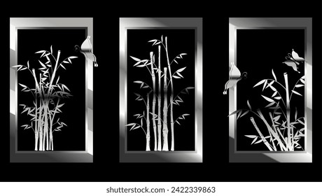 shiny silver chrome asian bamboo background postal card in vector format