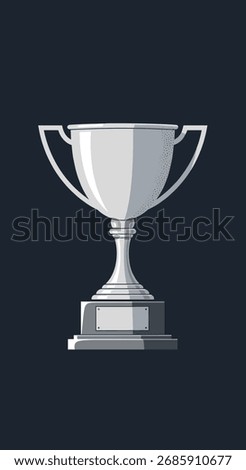 A shiny silver cup rests on a grey pedestal isolated on a dark background. This trophy signifies victory and achievement.