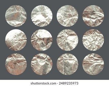 Shiny silver Foil circles texture. Crumpled metallic paper. Vintage symbols. Shopping labels, sale or discount sticker, quality mark. Special offer price tag, promotional badge. Vector illustration