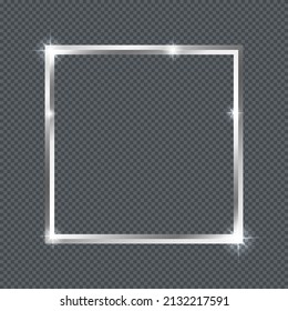 Shiny Silver Frame Glow on Transparent Background. Silver Luxury Realistic Square Border Vector.