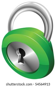 A shiny silver and green steel metallic security padlock vector illustration with dynamic perspective. Can be used as an icon or illustration in its own right.