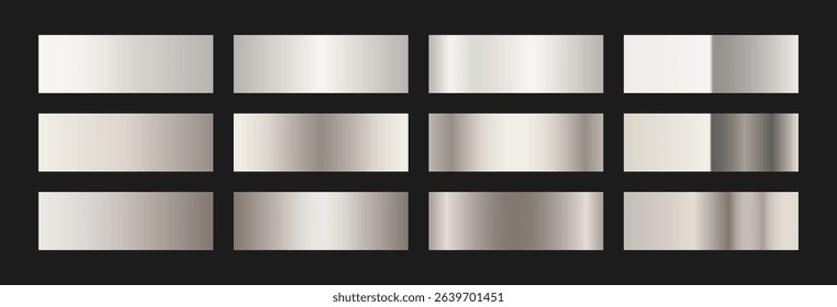 Shiny silver and grey chrome gradient swatches collection. Metallic textures with polished foil shine and satin smooth. Luxury palette for modern and industrial designs and branding
