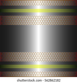 Shiny silver metal with silver background.Two glossy yellow lines.Gold plate with hexagon holes style design .