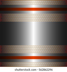 Shiny silver metal with silver background.Two glossy orange lines.Gold plate with hexagon holes style design .