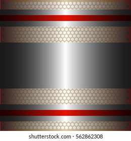 Shiny silver metal with silver background.Two glossy red lines.Gold plate with hexagon holes style design .