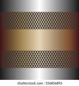 Shiny silver metal with dark gray background.shiny gold color.gold plate with hexagon holes style