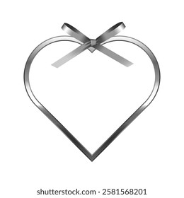 Shiny silver metal heart frame with ribbon bow ornaments. Luxury grey border. Set of glossy gray heart shape flat frame mockup design element. 3d Vector illustration.