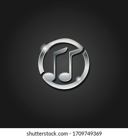 Shiny silver music icon metallic symbol design vector template isolated on a dark background