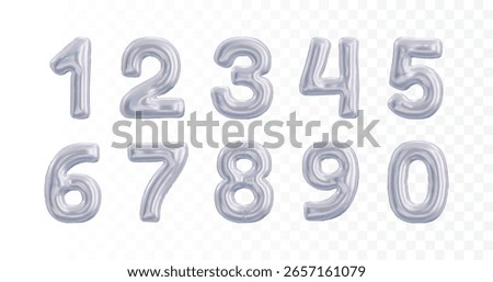 Shiny silver Number Balloons 0-9: Blue 3D volume numbers suitable for parties, birthdays, anniversaries and weddings. These silver design elements offer a realistic and festive aesthetic.