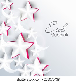 Shiny silver and pink stars on blue background for the occasion of Muslim community festival Eid Mubarak celebrations. 