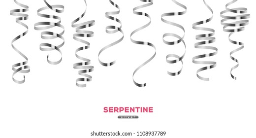 Shiny silver serpentine isolated on white background. Vector illustration. Gray ribbons set for holiday design