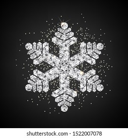 Shiny silver snowflake on a dark background with highlights, Christmas decoration, vector icon.
