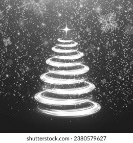 Shiny silver spiral Christmas tree with shining star on a snowy background. Christmas light effect. Winter element.