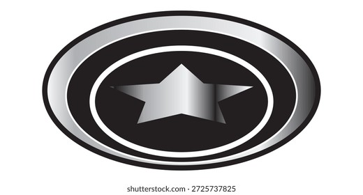 Una estrella de plata brillante con un círculo de plata estética sobre un fondo blanco. Emblema redondo blanco y negro con estrella. Diseño 3D realista para varios Sitios web y App móviles. Ilustración vectorial.