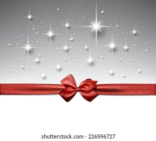 Shiny silver starry christmas background with red bow. Vector Illustration.