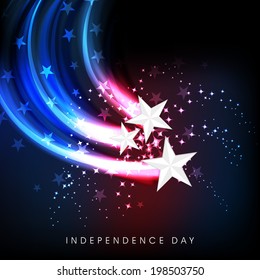 Shiny silver stars on American National Flag colors wave background for 4th of July, American Independence Day celebrations. 